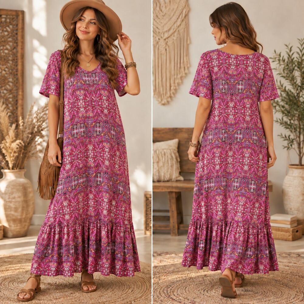 Calessa L Boho Paisley Maxi Dress Artsy Romantic Fall Festival Flowy Ruffle